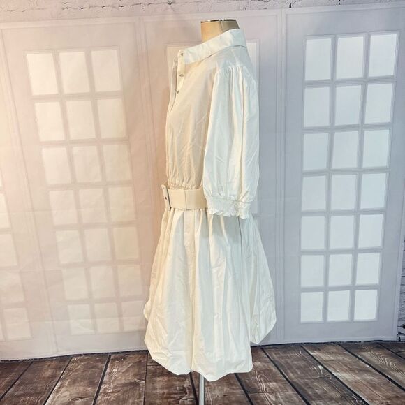 City chic NWT Emily ivory white collared sort sleeve bubble hem belted shirt dre - Picture 9 of 13